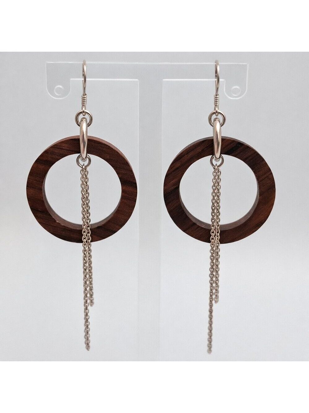 Handmade Brown Circular Wood & Sterling Silver 925 Chain Tassel Earrings